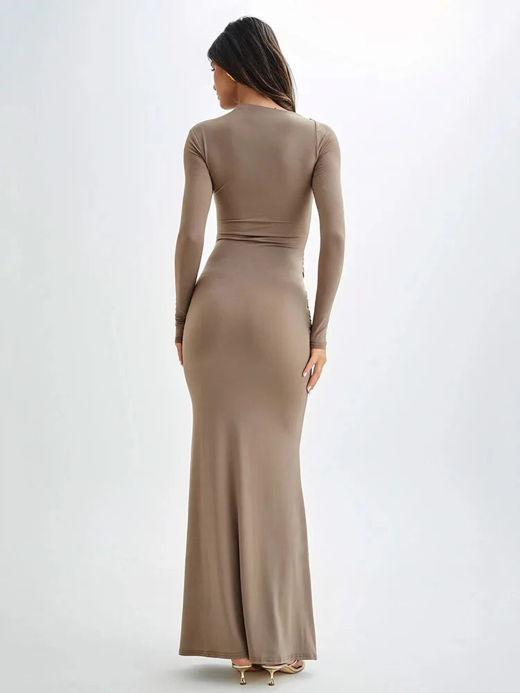 Elegant Long Sleeved Elastic Tight Long Dress Women Bodycon Pleated Evening Dress Slimming Party Club Vestido Fall 2024