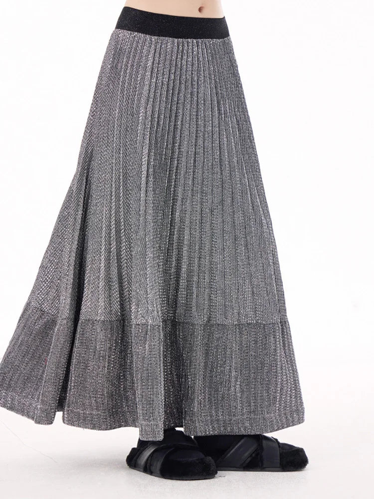 High Elastic Waist Silver Color Pleated A-line Pleated Half-body Skirt Women Fashion Tide New Spring Autumn 2025 1DJ0054