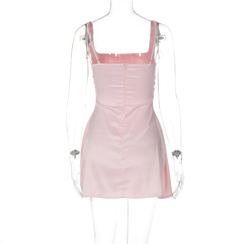 Satin Square Collar Backless Sexy Mini Dress For Women Solid Color Sleeveless A-line Bodycon Club Party Dress Elegant