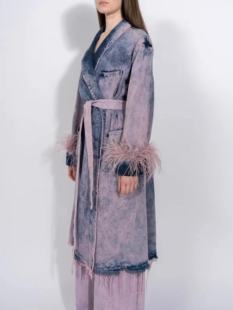 Hit Color Spliced Feathers Gradient Denim Coats For Women V Neck Long Sleeve Patchwork Lace Up Vintage Loose Coat Female