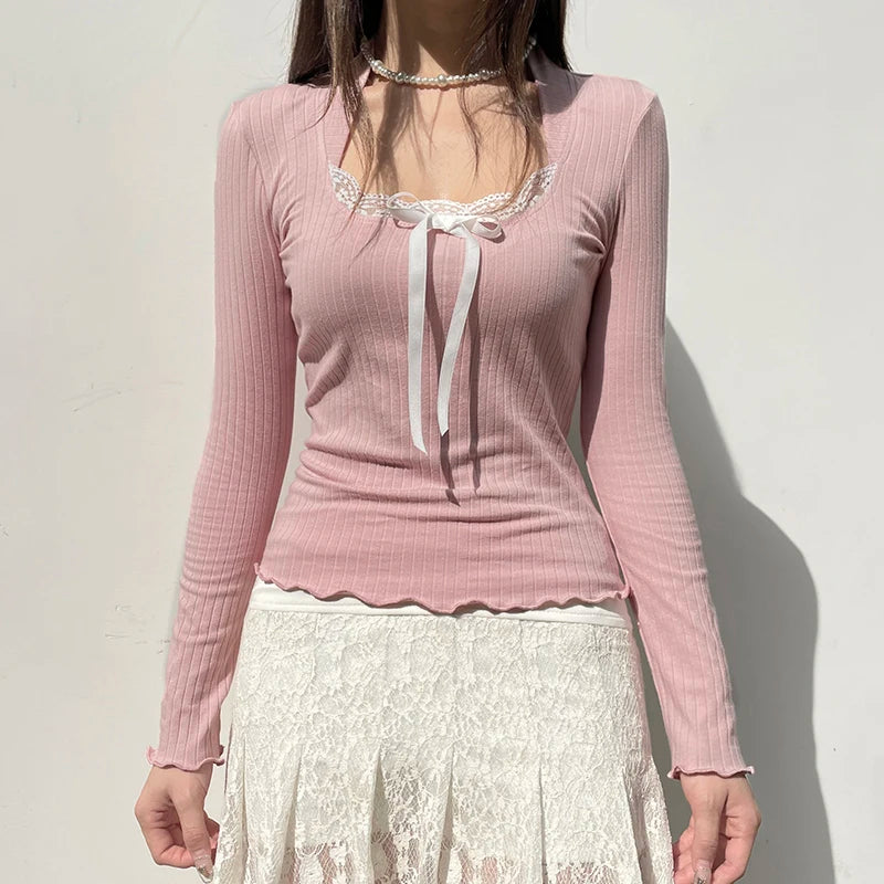 Korean Pink Sweet Knit Women's Tee Shirt Slim Coquette Clothes Lace Patched Bow Top Casual Autumn T shirts Frill