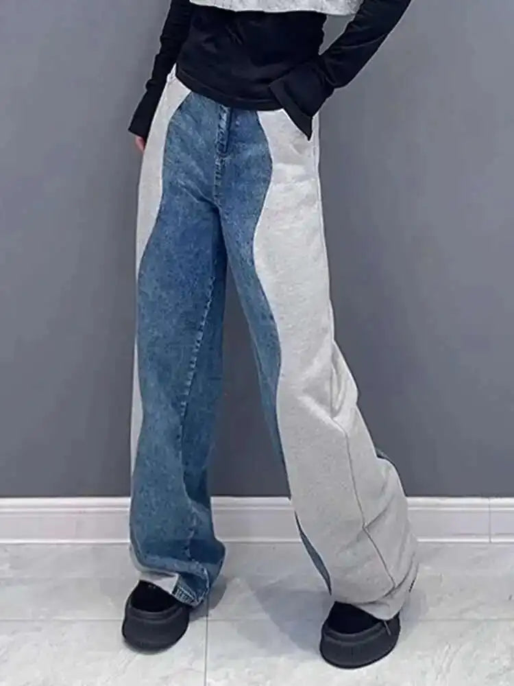 High Elastic Waist Black Color-block Denim Long Wide Leg Pants New Trousers Women Fashion Tide Spring Autumn 2025 1DH4642