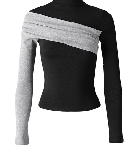 Women Black Coffee Color-block Elegant Slim T-shirt New Turtleneck Long Sleeve Fashion Tide Spring Autumn 2025 CPG3266