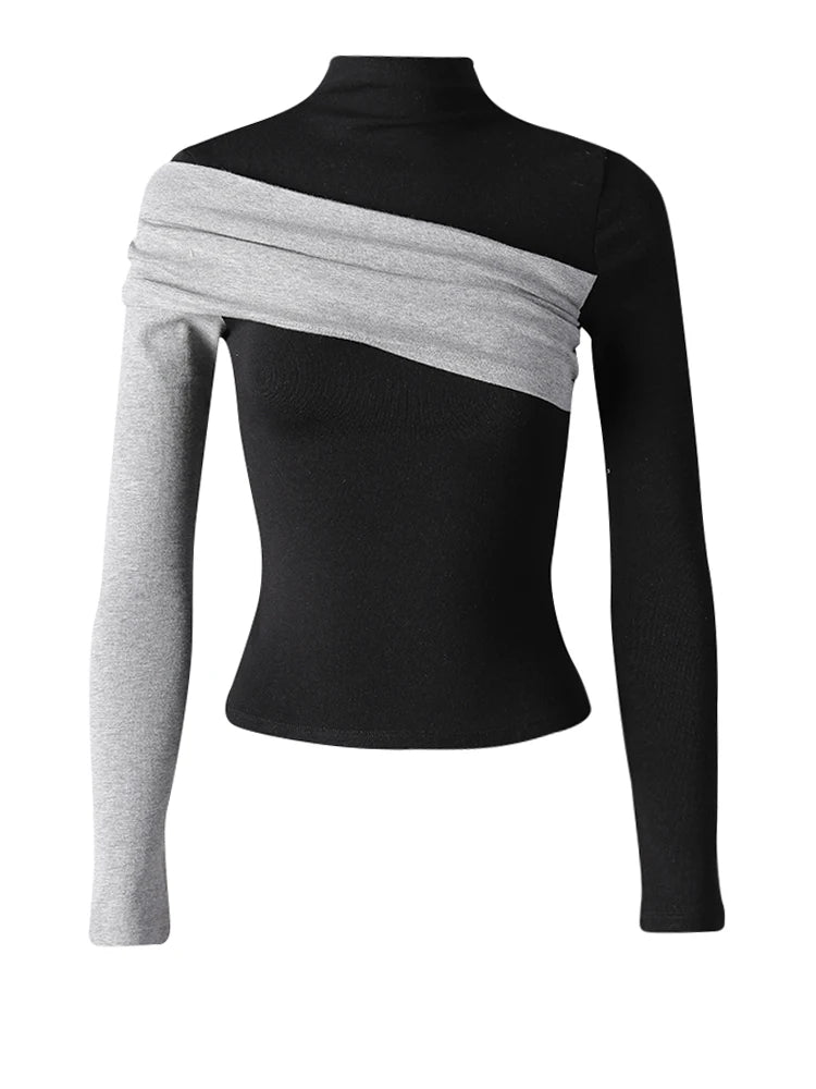 Women Black Coffee Color-block Elegant Slim T-shirt New Turtleneck Long Sleeve Fashion Tide Spring Autumn 2025 CPG3266