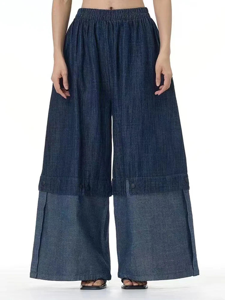 High Waist Balck Fold Tassels Color-block Denim Wide Leg Jeans New Women Trousers Fashion Tide Spring Autumn 2025 1DJ0462