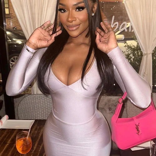 Load image into Gallery viewer, Sexy Deep V Long Sleeved Tight Elastic Short Skirt For Women's New Pullover Slim  Wrap Hip High Waist Dress Party Street
