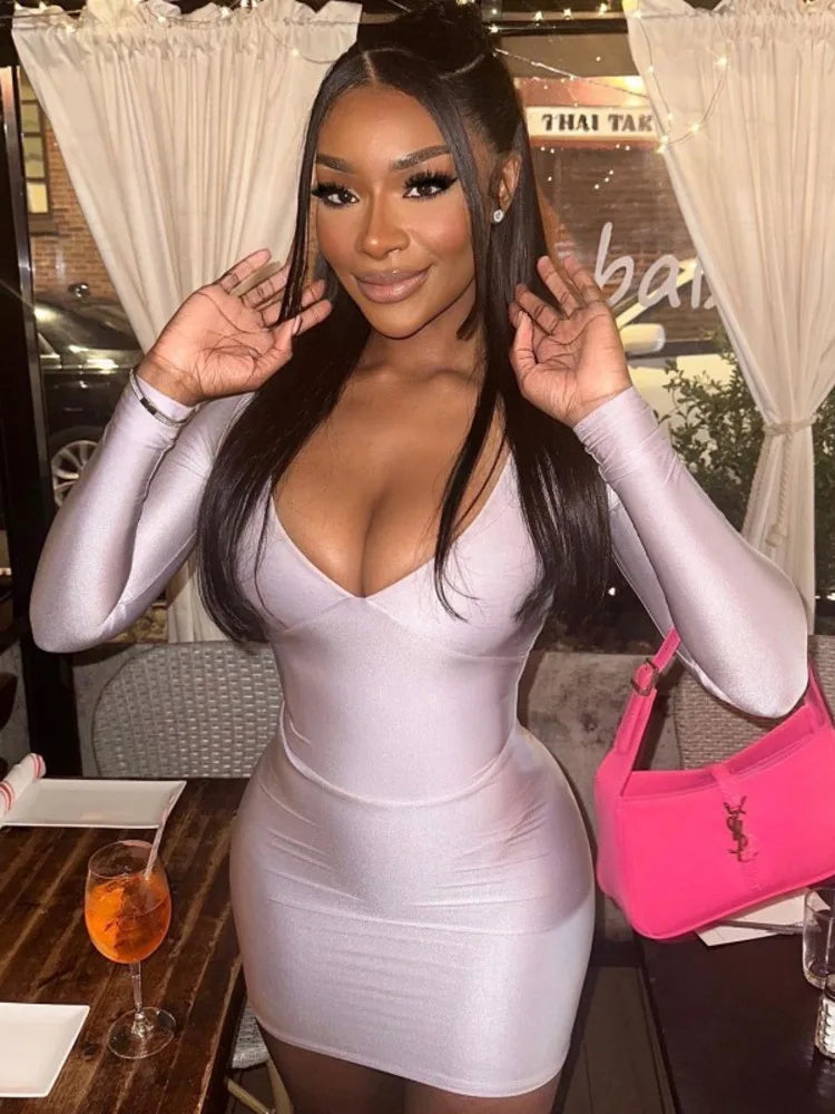 Sexy Deep V Long Sleeved Tight Elastic Short Skirt For Women's New Pullover Slim  Wrap Hip High Waist Dress Party Street