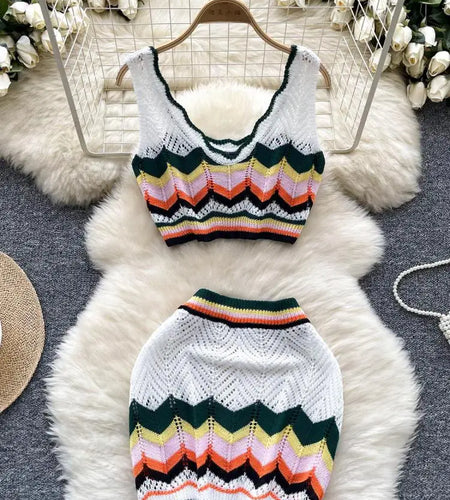 Retro Women Sets Korean Fashion White Patchwork V-neck Short Knitted Vest Tops + High Waist Wrap Hip Mini Skirts Two Piece Suits