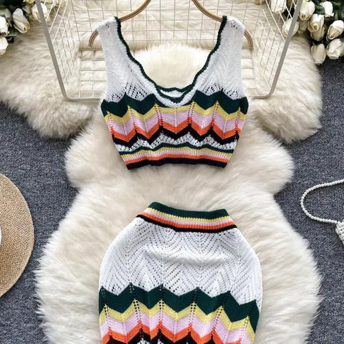 Load image into Gallery viewer, Retro Women Sets Korean Fashion White Patchwork V-neck Short Knitted Vest Tops + High Waist Wrap Hip Mini Skirts Two Piece Suits
