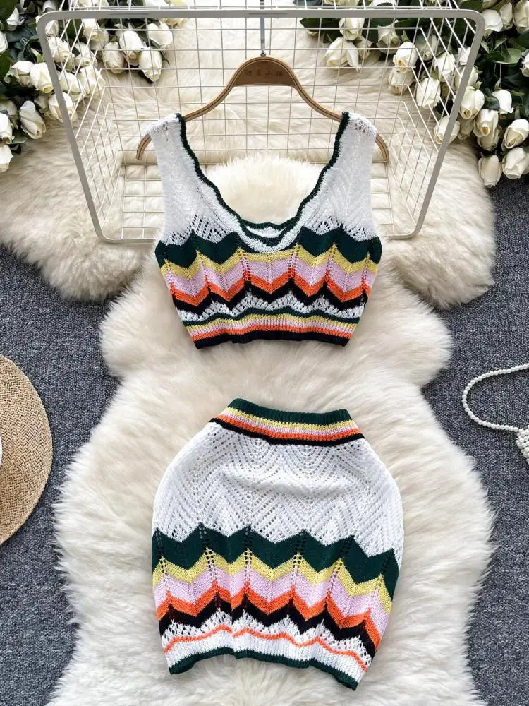 Retro Women Sets Korean Fashion White Patchwork V-neck Short Knitted Vest Tops + High Waist Wrap Hip Mini Skirts Two Piece Suits