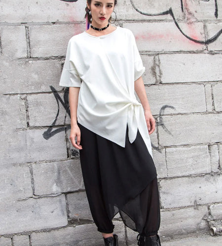 Women White Irregular Bandage Big Size T-shirt New Round Neck Short Sleeve Fashion Tide Spring Summer 2025  1DJ1767