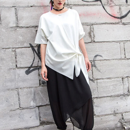 Load image into Gallery viewer, Women White Irregular Bandage Big Size T-shirt New Round Neck Short Sleeve Fashion Tide Spring Summer 2025  1DJ1767
