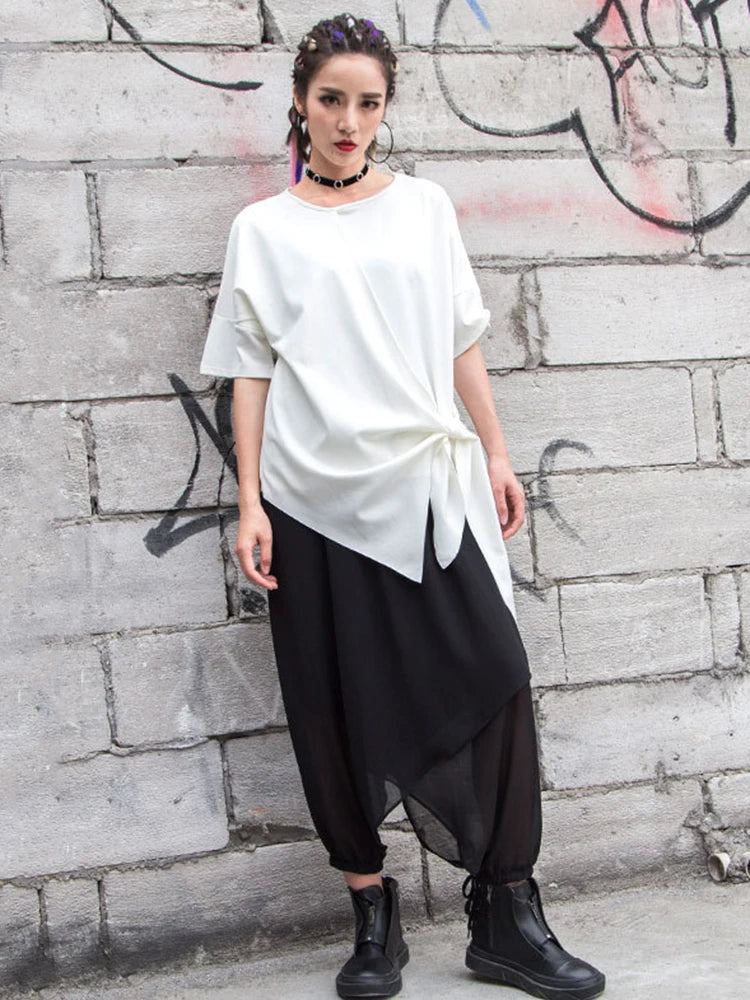 Women White Irregular Bandage Big Size T-shirt New Round Neck Short Sleeve Fashion Tide Spring Summer 2025  1DJ1767