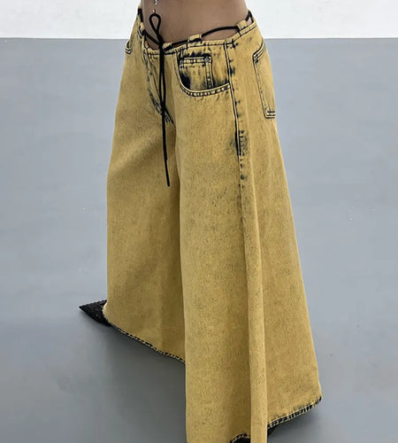 Patchwork Lace Up Denim Pant For Women Low Waist Solid Loose Streetwear Wide Leg Jeans Female Fashion Clothing