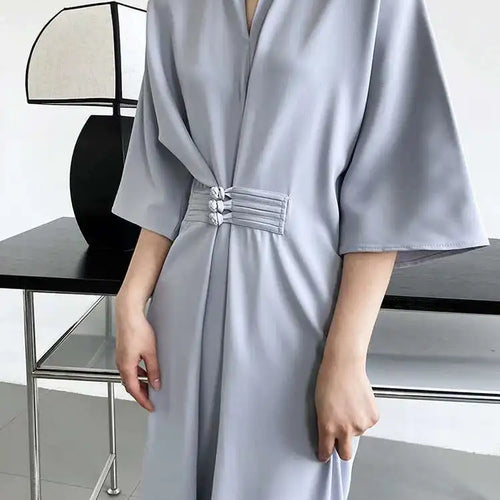 Load image into Gallery viewer, Women Black Buckle Long Elegant Dress New Round Neck Three-quarter Sleeve Loose Fit Fashion Spring Autumn 2025 1DE7880
