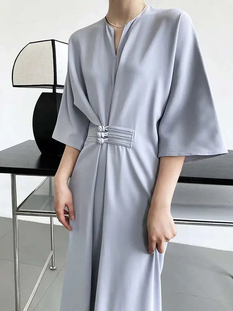 Women Black Buckle Long Elegant Dress New Round Neck Three-quarter Sleeve Loose Fit Fashion Spring Autumn 2025 1DE7880