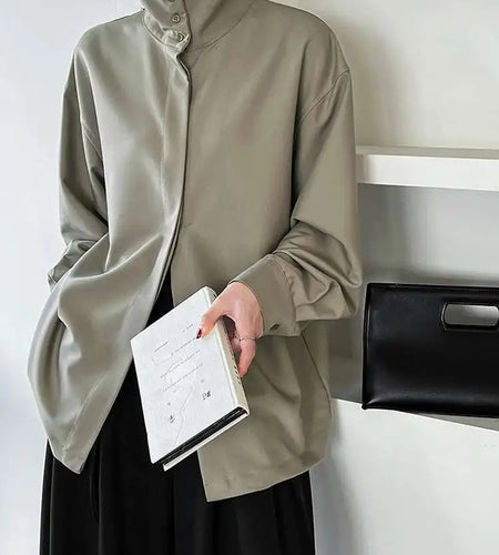 Women Green Brief Elegant Big Size Blouse New Stand Collar Long Sleeve Shirt Fashion Tide Spring Autumn 2025 1DH6652