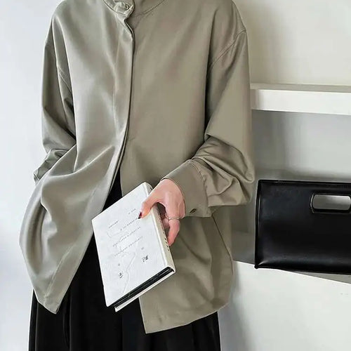 Load image into Gallery viewer, Women Green Brief Elegant Big Size Blouse New Stand Collar Long Sleeve Shirt Fashion Tide Spring Autumn 2025 1DH6652
