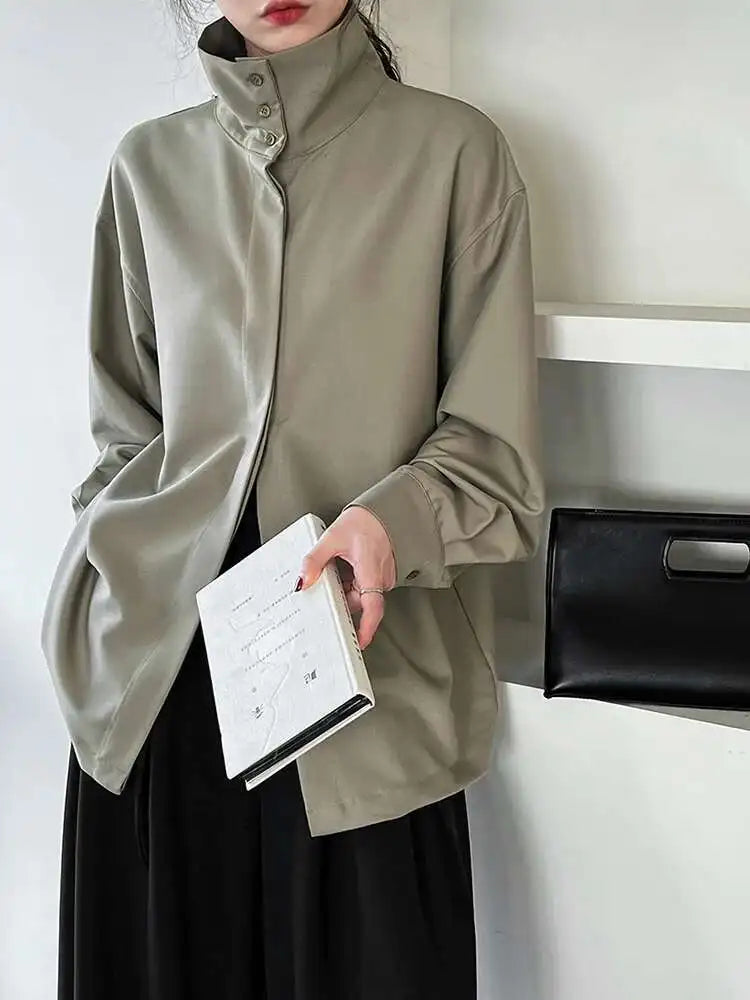 Women Green Brief Elegant Big Size Blouse New Stand Collar Long Sleeve Shirt Fashion Tide Spring Autumn 2025 1DH6652