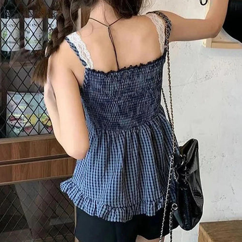 Load image into Gallery viewer, Korean Fashion Y2K Aesthetic Summer Camisole Tops Plaid Fake Two Pieces Patched Lace Trim Tank Top Ruffles Cutecore
