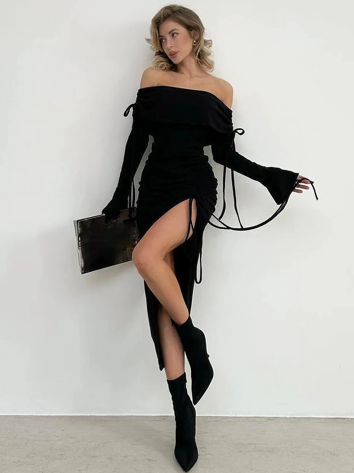 Solid Slash Neck Long Flare Sleeve Skirring Lace Up Irregular Sexy Midi Dress Fall Women Y2K Outfits Birthday Festival