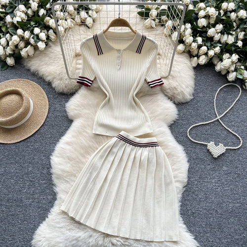 Load image into Gallery viewer, Summer Beige Stripe Short Sleeve Button Knitted Tops + High Waist Pleated Mini Skirt Women College Style Sexy Two-piece Set Chic

