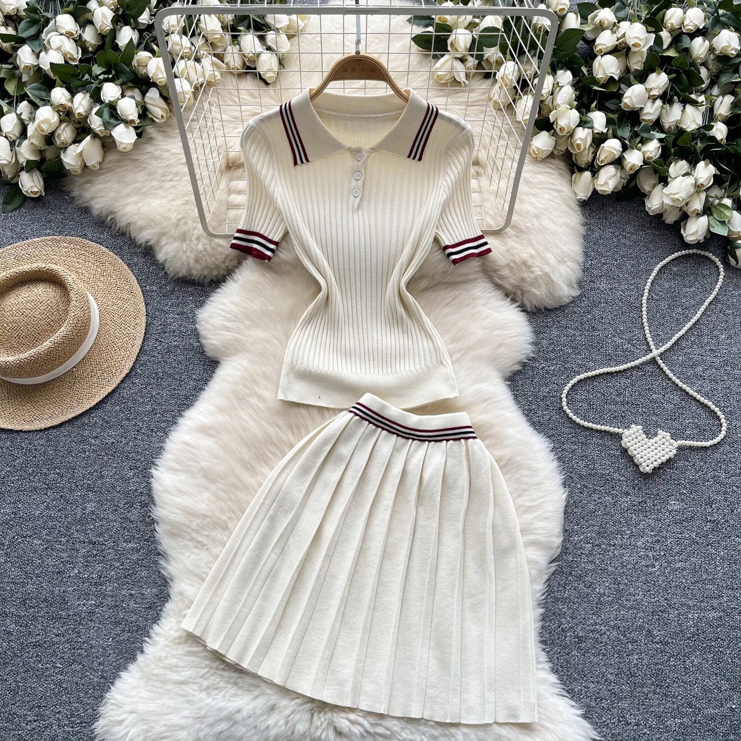Summer Beige Stripe Short Sleeve Button Knitted Tops + High Waist Pleated Mini Skirt Women College Style Sexy Two-piece Set Chic
