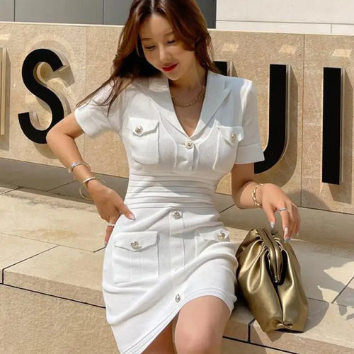 Load image into Gallery viewer, Spring French Fashion White Festival Button Slim Short Sleeve Dress Women Office Wrap Hip Knit Mini Dress Popular Simplicity New
