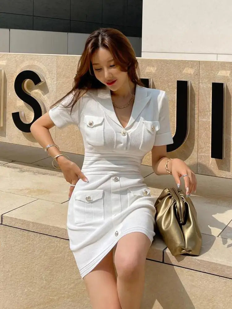 Spring French Fashion White Festival Button Slim Short Sleeve Dress Women Office Wrap Hip Knit Mini Dress Popular Simplicity New