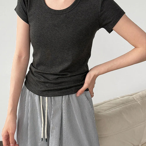 Load image into Gallery viewer, Women Coffee Plain Color Brief Elegant Slim T-shirt New Round Neck Short Sleeve Fashion Tide Spring Summer 2025 1DJ1902
