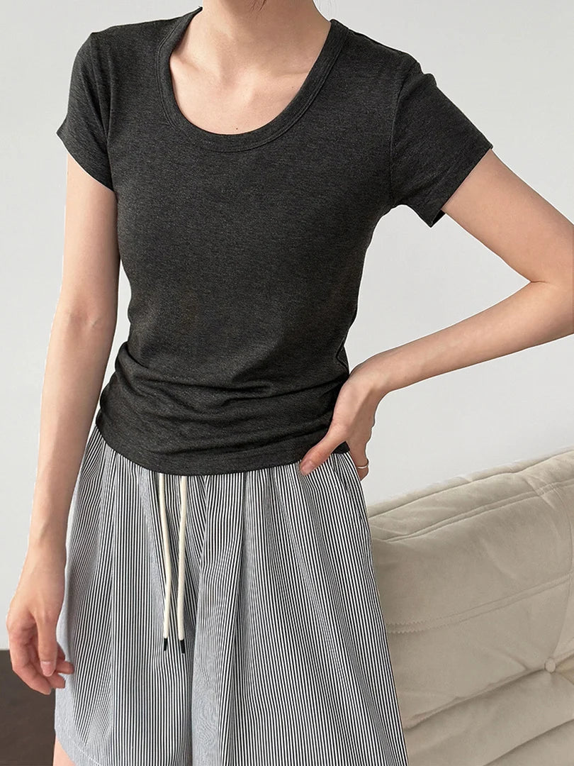Women Coffee Plain Color Brief Elegant Slim T-shirt New Round Neck Short Sleeve Fashion Tide Spring Summer 2025 1DJ1902