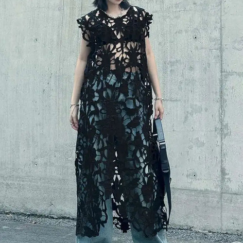 Load image into Gallery viewer, Women Black Lace Hollow Out Perspective Big Size Dress New Round Neck Sleeveless Fashion Tide Spring Summer 2025 1DJ0243
