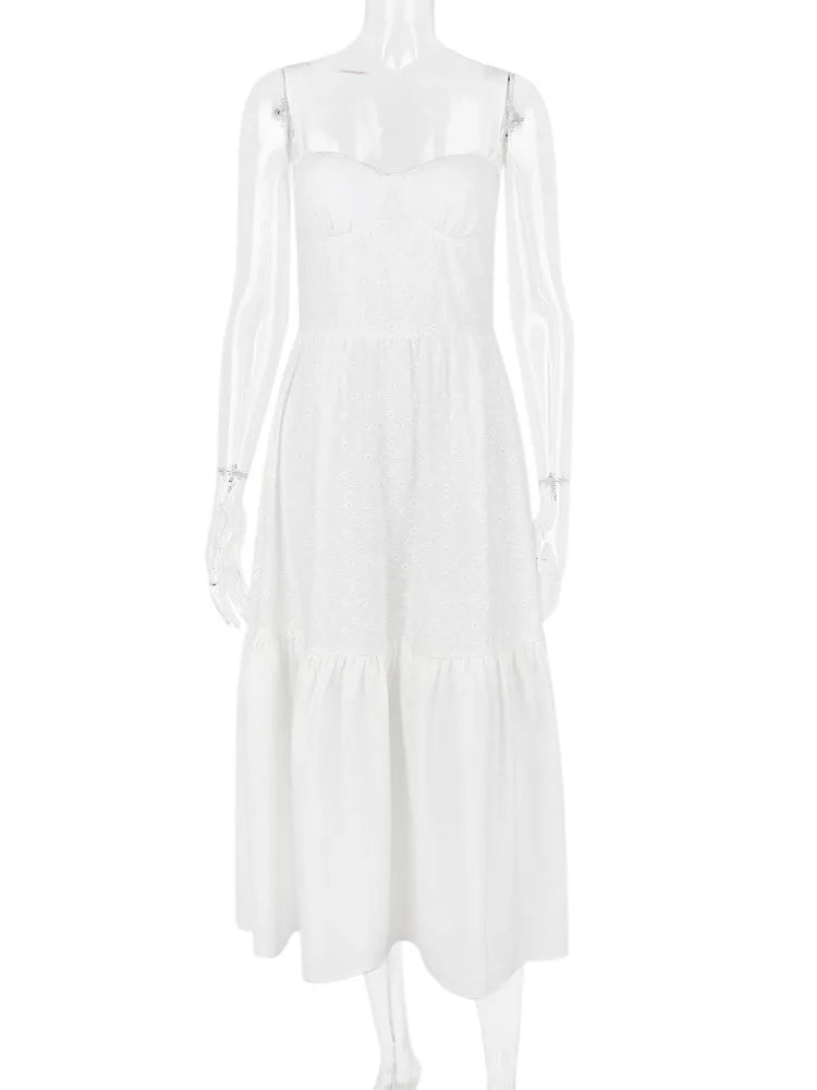 Elegant White Spaghetti Strap Midi Dress For Women Fashion Strapless Sleeveless Backless A-line Club Party Dress