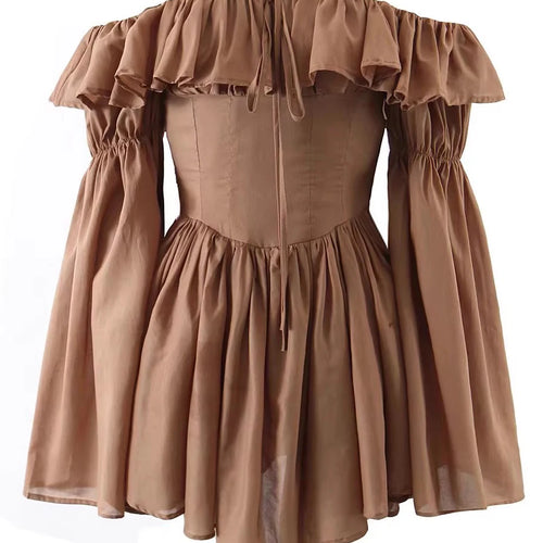 Load image into Gallery viewer, Slimming Spliced Ruffles Folds Fashion Dresses for Women Slash Neck Long Sleeves Patchwork Lace Up Dress Female New
