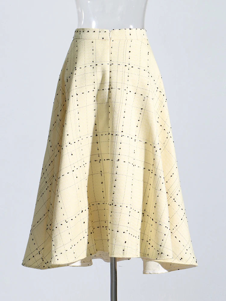 Elegant Plaid Skirts For Women High Waist Mid Calf Patchwork Folds Temperament Skirt Female Fashion Style Clothing