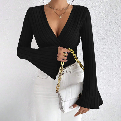 Load image into Gallery viewer, y2k Knitted T Shirts Sexy Women Clothes Solid Color Deep V Neck Flared Long Sleeve Ribbed Tops Clothing Club Streetwear
