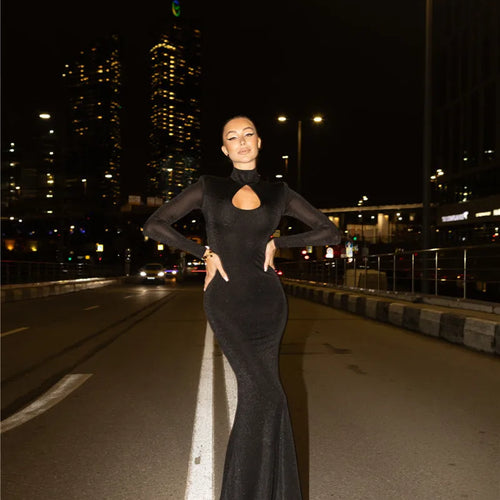 Load image into Gallery viewer, Hollow Out Turtleneck Long Sleeve Sexy Maxi Dress For Women Gown 2025 New Bodycon Evening Club Long Dress Vestido
