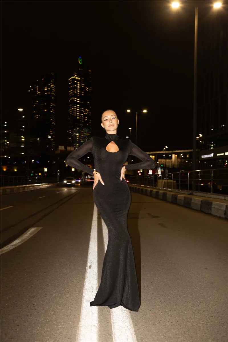 Hollow Out Turtleneck Long Sleeve Sexy Maxi Dress For Women Gown 2025 New Bodycon Evening Club Long Dress Vestido