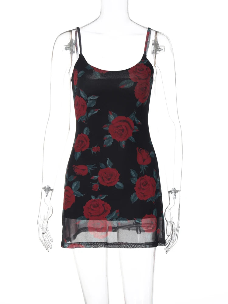 Mesh Elegant Flower Print Slips Patchwork Sexy Slim Maxi Dress Summer Women Fashion Outfit Party Beach Vacation