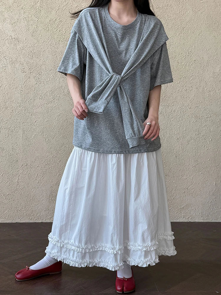 Women White Bandage Brief Big Size Casual T-shirt New Round Neck Half Sleeve Fashion Tide Spring Summer 2025 1DJ0722