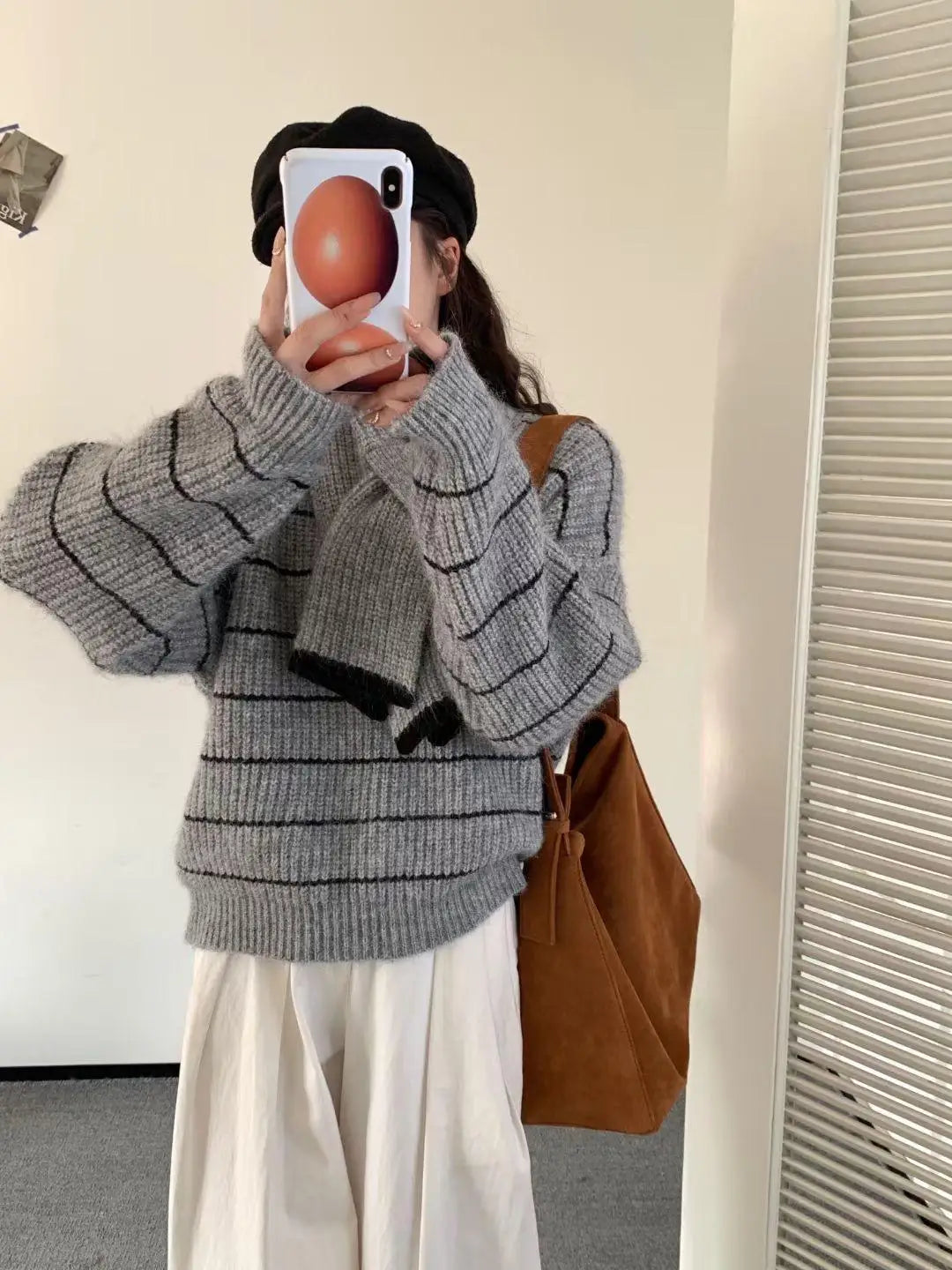 Korean Vintage Striped Long Sleeve Versatile Sweater Autumn Winter Women Short Loose Pullover Knit Tops And Scarf Casual Popular