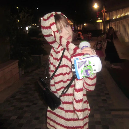 Load image into Gallery viewer, Japanese Y2k Hooded Cardigan 2000s Aesthetics Rabbit Ears Zipper Knitwear Vintage Harajuku Red Stripe Sweater Grunge
