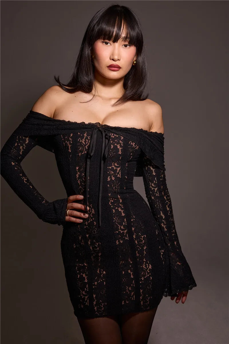 Lace Off-shoulder Sexy Maxi Dress Women Strapless Backless Long Sleeve Bodycon Evening Club Party Long Dress Elegant