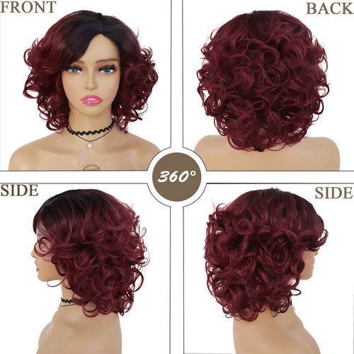 Load image into Gallery viewer, Synthetic Hair Afro Wig Kinky Curly Wigs for Black Women Short Hairstyle Wine Red Ombre Wig Dark Root Soft Hair Bob Wig
