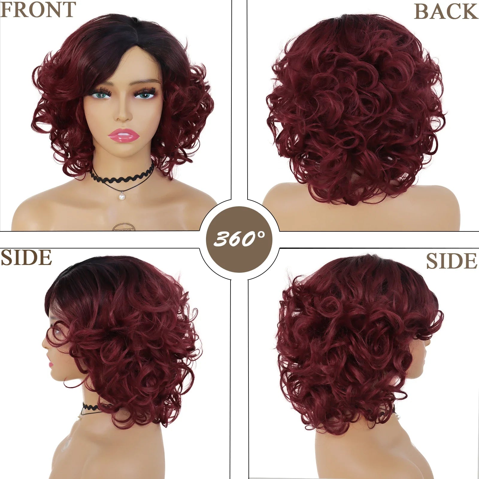 Synthetic Hair Afro Wig Kinky Curly Wigs for Black Women Short Hairstyle Wine Red Ombre Wig Dark Root Soft Hair Bob Wig