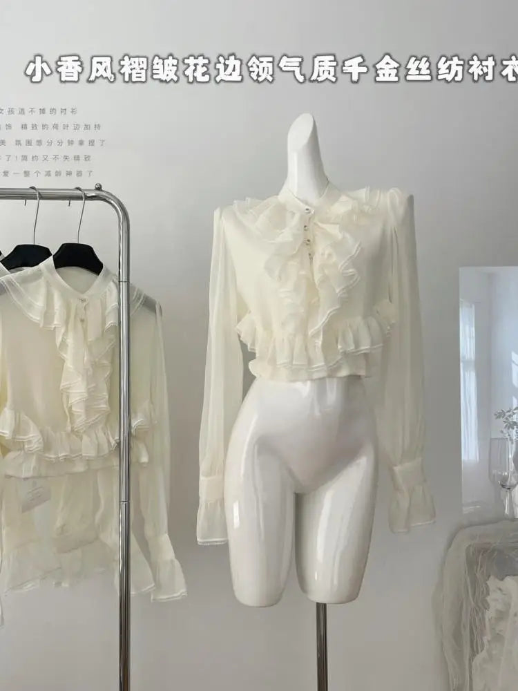 Vintage Women Beige Lace Ruffle Edge Tops Autumn Long Sleeve Elegant Short Shirts French Elegant Single Breasted Festival Blouse