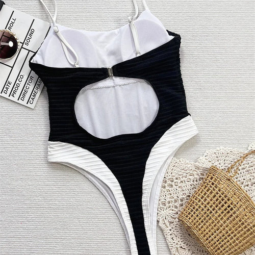 Load image into Gallery viewer, Sexy Black White Patchwork Women One Piece Swimwear 2025 High Waist Backless Monokini Hollow Out Bathing Suit
