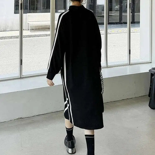 Load image into Gallery viewer, Women Black Striped Spliced Zipper Big Size Midi Dress New Turtleneck Long Sleeve Fashion Tide Spring Autumn 2025 1DH6819
