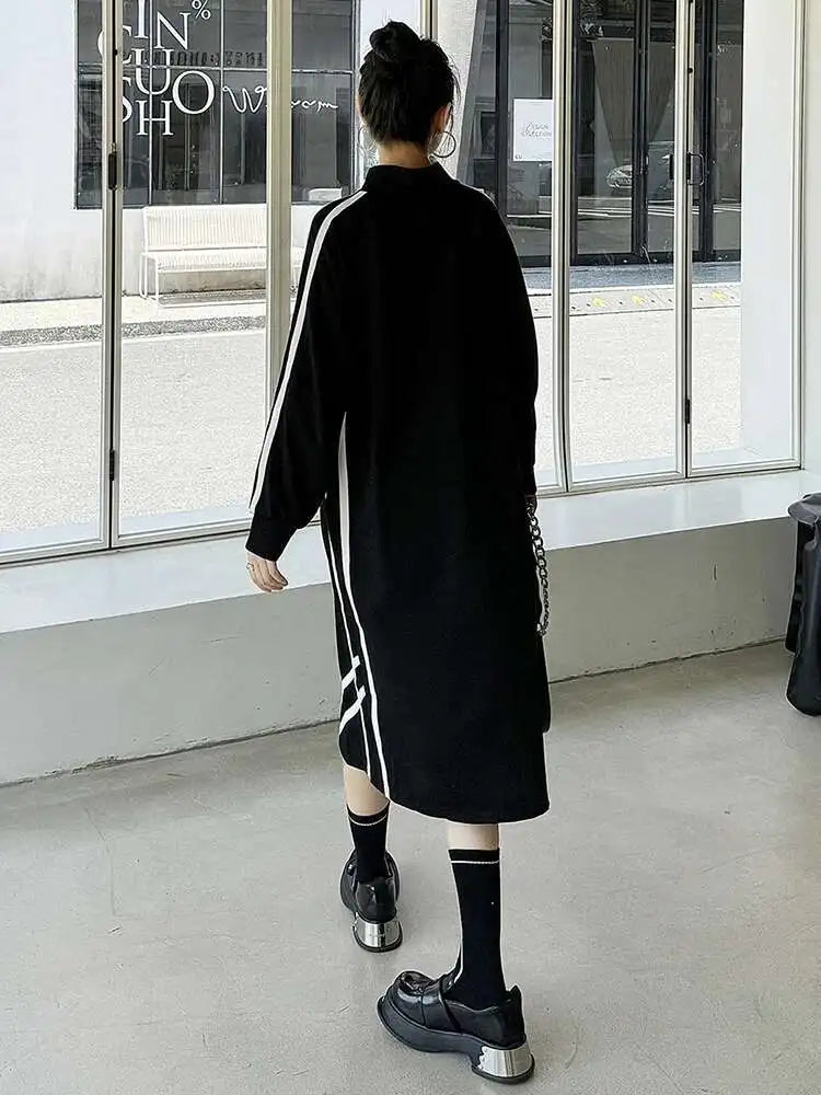 Women Black Striped Spliced Zipper Big Size Midi Dress New Turtleneck Long Sleeve Fashion Tide Spring Autumn 2025 1DH6819