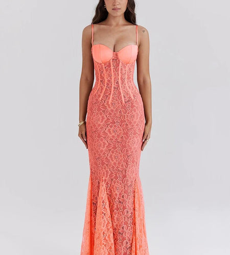 Floral Lace Sexy Maxi Dress For Women Orange Spaghetti Strap Sleeveless Backless Bodycon Club Party Long Dress Elegant